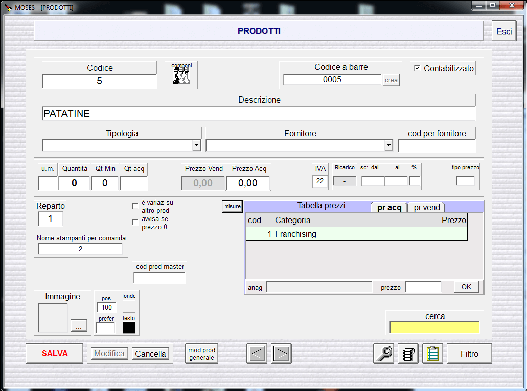 Software sistema gestionale Moses Franchising Prodotti