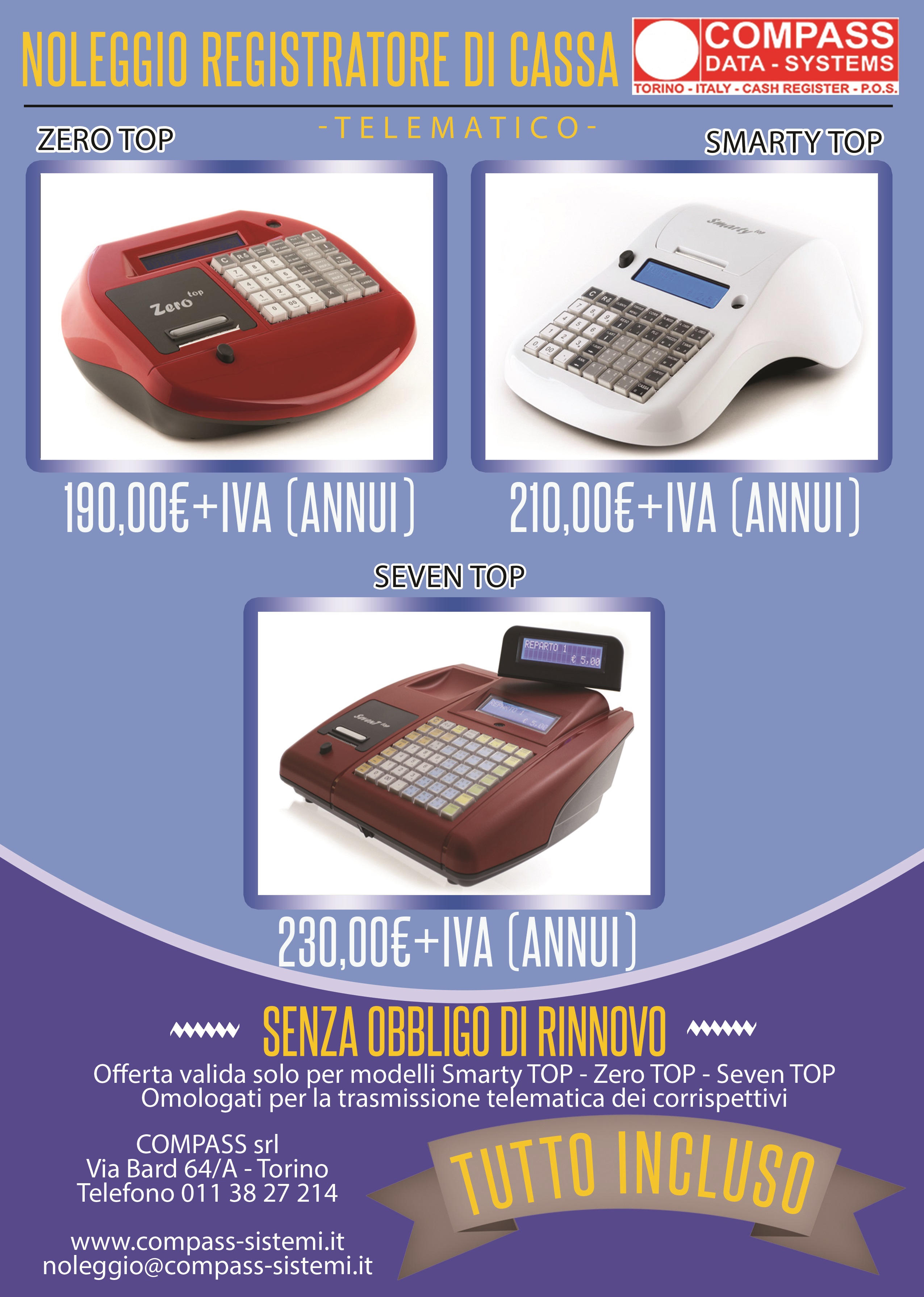 Noleggio registratore di cassa TELEMATICO a 190euro+iva 